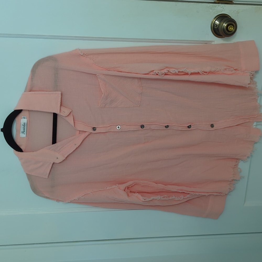 Paintcolors Sz L Peach Button Down Sheer Shirt with Frayed Accents